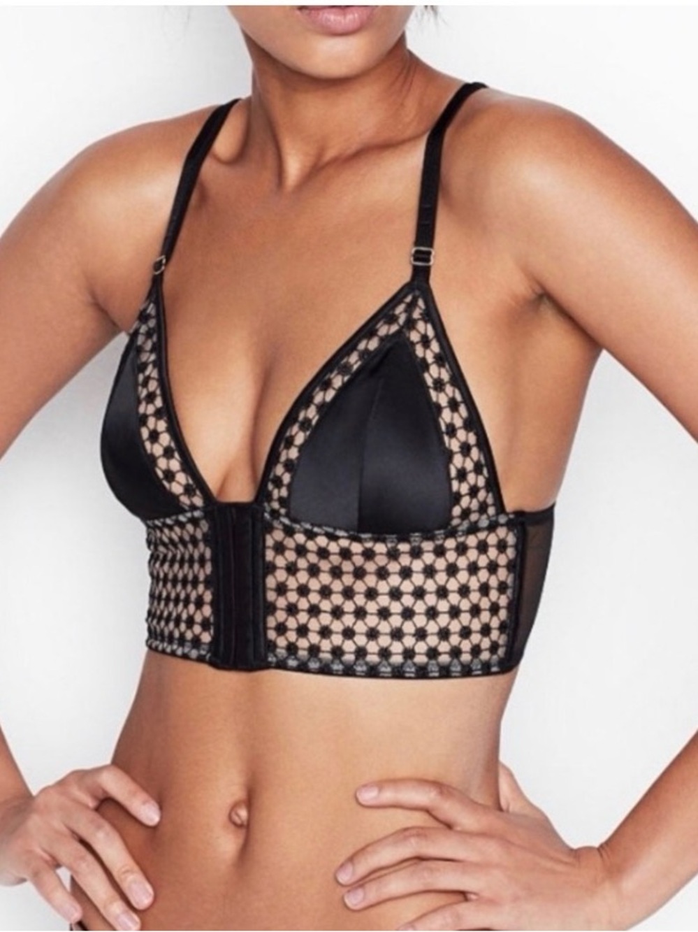 Victoria's Secret Sheer Starburst Luxe Long Line Triangle Bralette Black XL